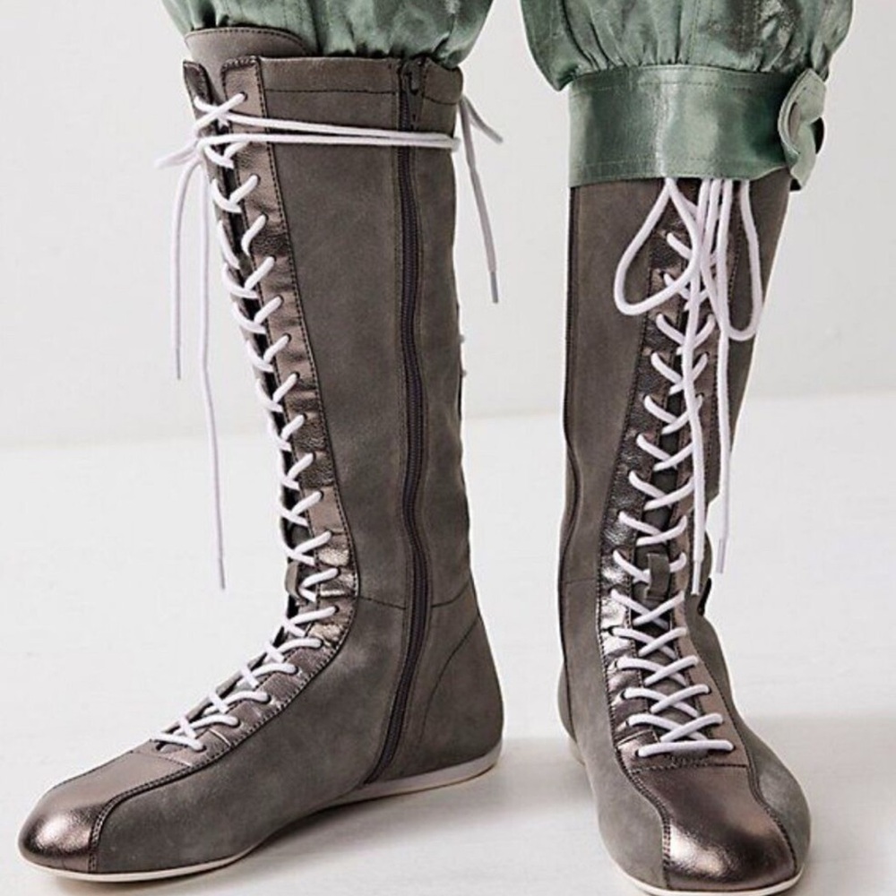 Free People Gray Lace-Up Knee-High Ankle Boots